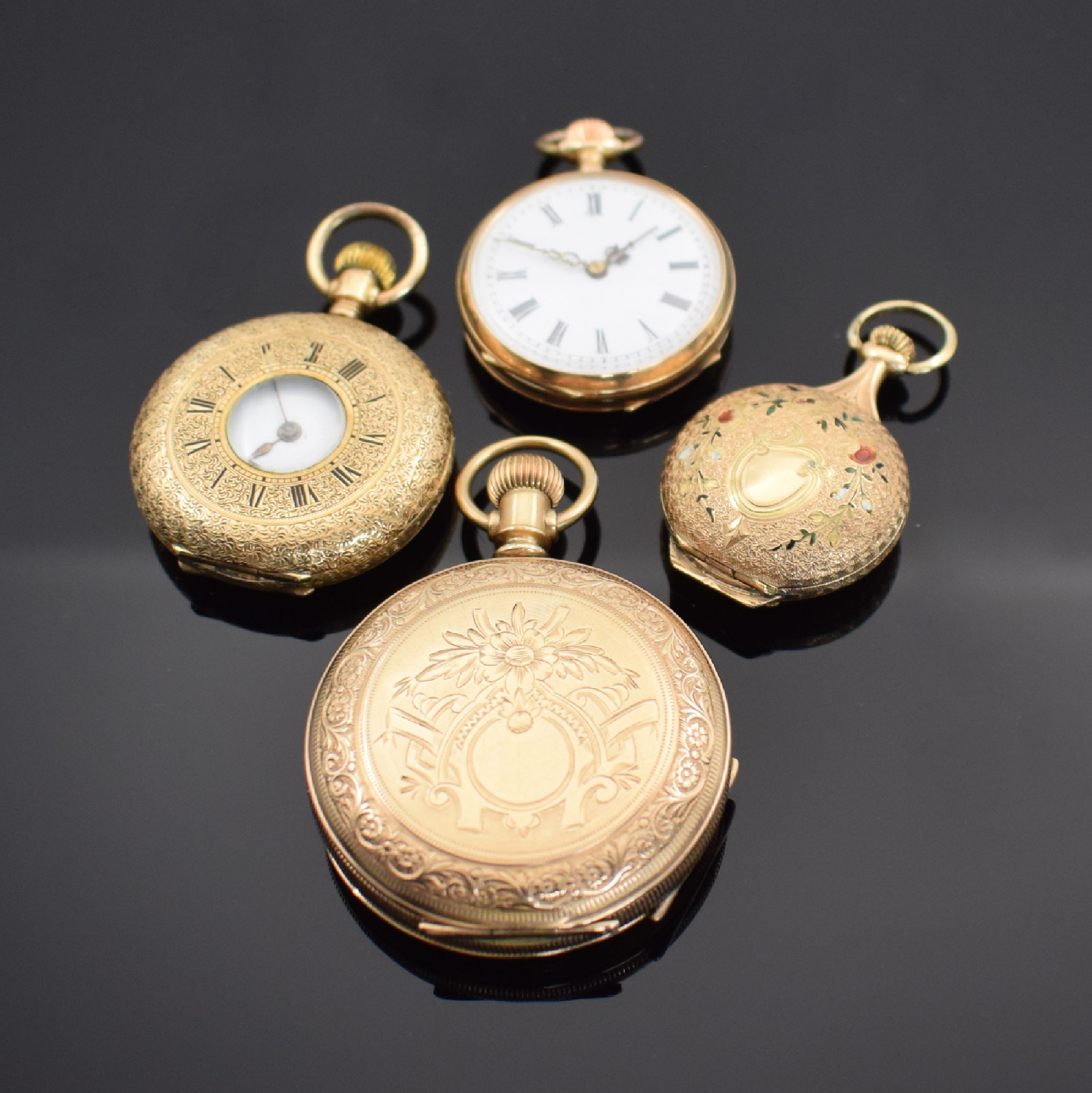 Detail b: 3 Damentaschenuhren in RoseG 585/000 sowie eine vergoldete ELGIN Savonette, um 1890, 3 Zylinderuhren als Savonette m. langem Pendant, Halbsavonette & ...