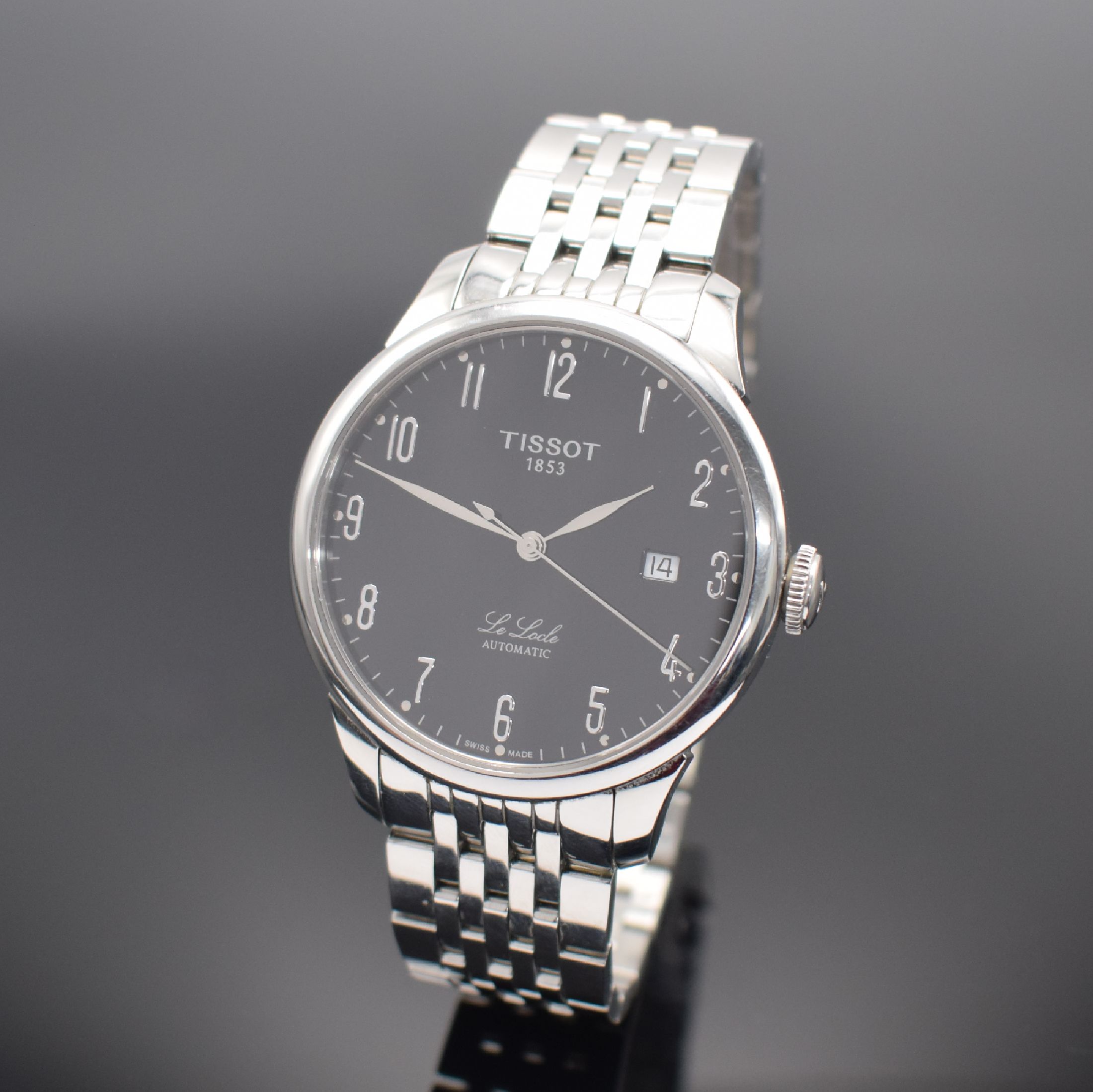 TISSOT Le Locle Herrenarmbanduhr in Stahl, Schweiz verk. lt. beil. Pap. 04/2003, Automatik, beids. vergl. Geh., Boden aufgedr., orig. Gliederband m. ...