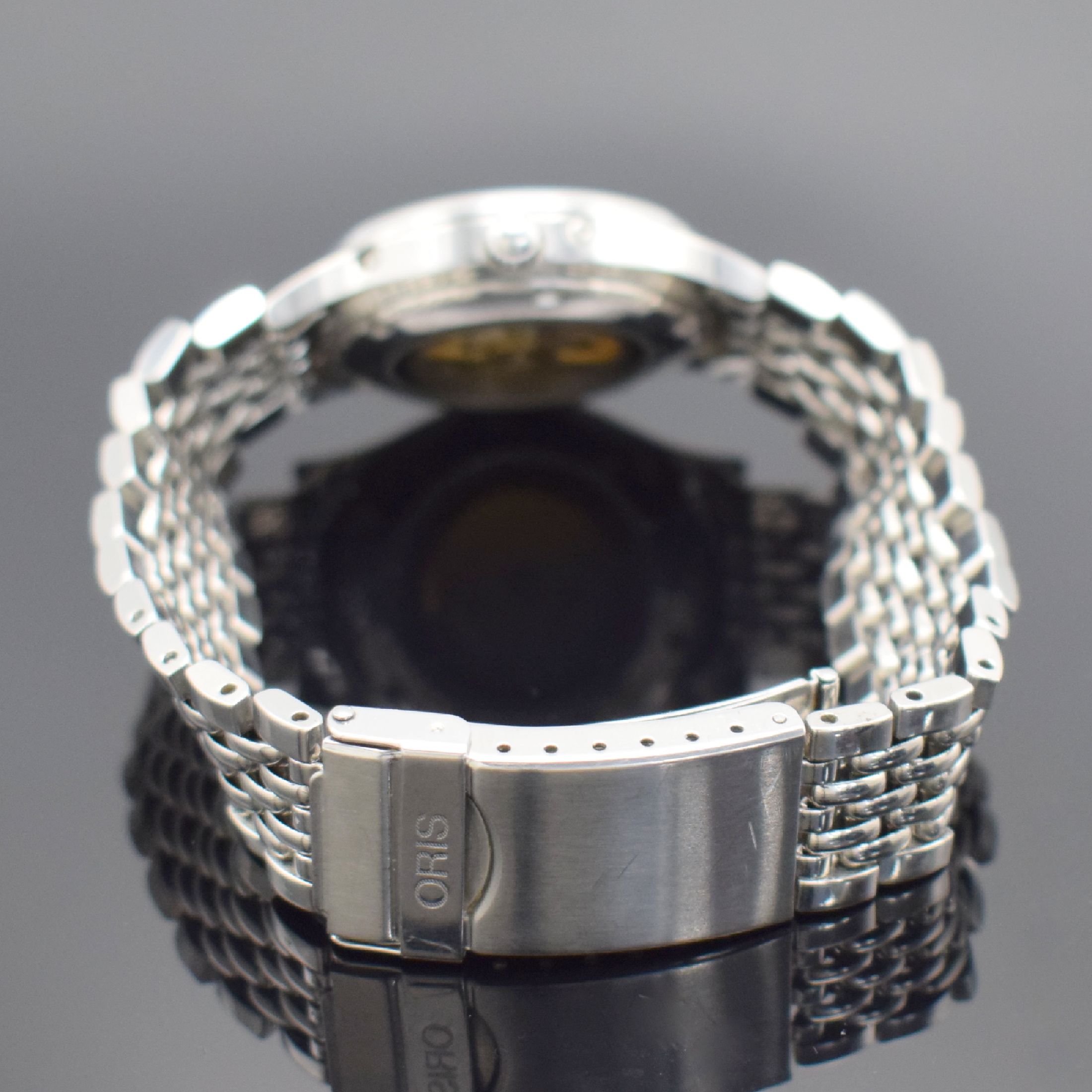Detail b: ORIS Herrenarmbanduhr mit Mondphase in Stahl, Schweiz verk. lt. beil. Pap. 03/1998, Automatik, Ref. 7433, beids. vergl. Geh., Boden verschr., orig. ...