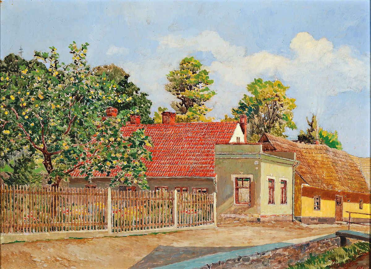 J. Hangen, datiert (19)44, Blick auf eine Häuserzeile, Öl/Hartfaser, rechts unten signiert und dat., ca. 40x56cm, R. ca. 50x65cm