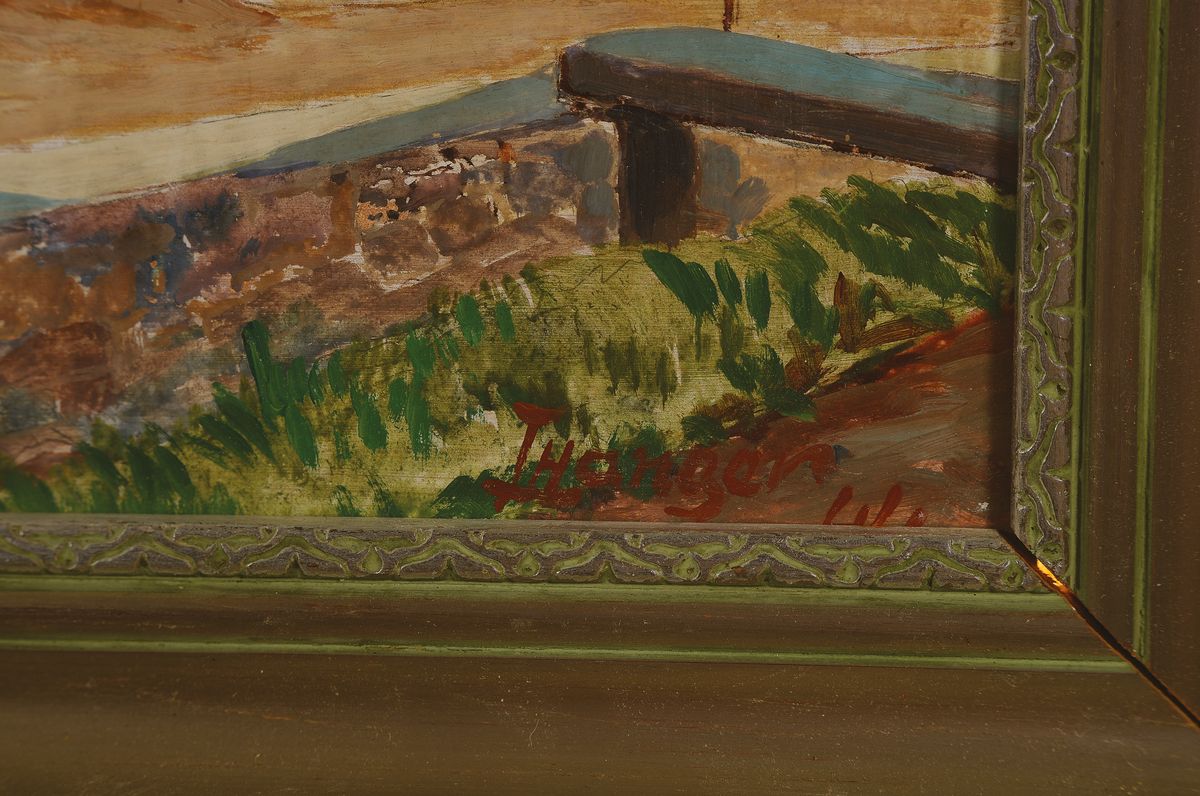 Detail a: J. Hangen, datiert (19)44, Blick auf eine Häuserzeile, Öl/Hartfaser, rechts unten signiert und dat., ca. 40x56cm, R. ca. 50x65cm