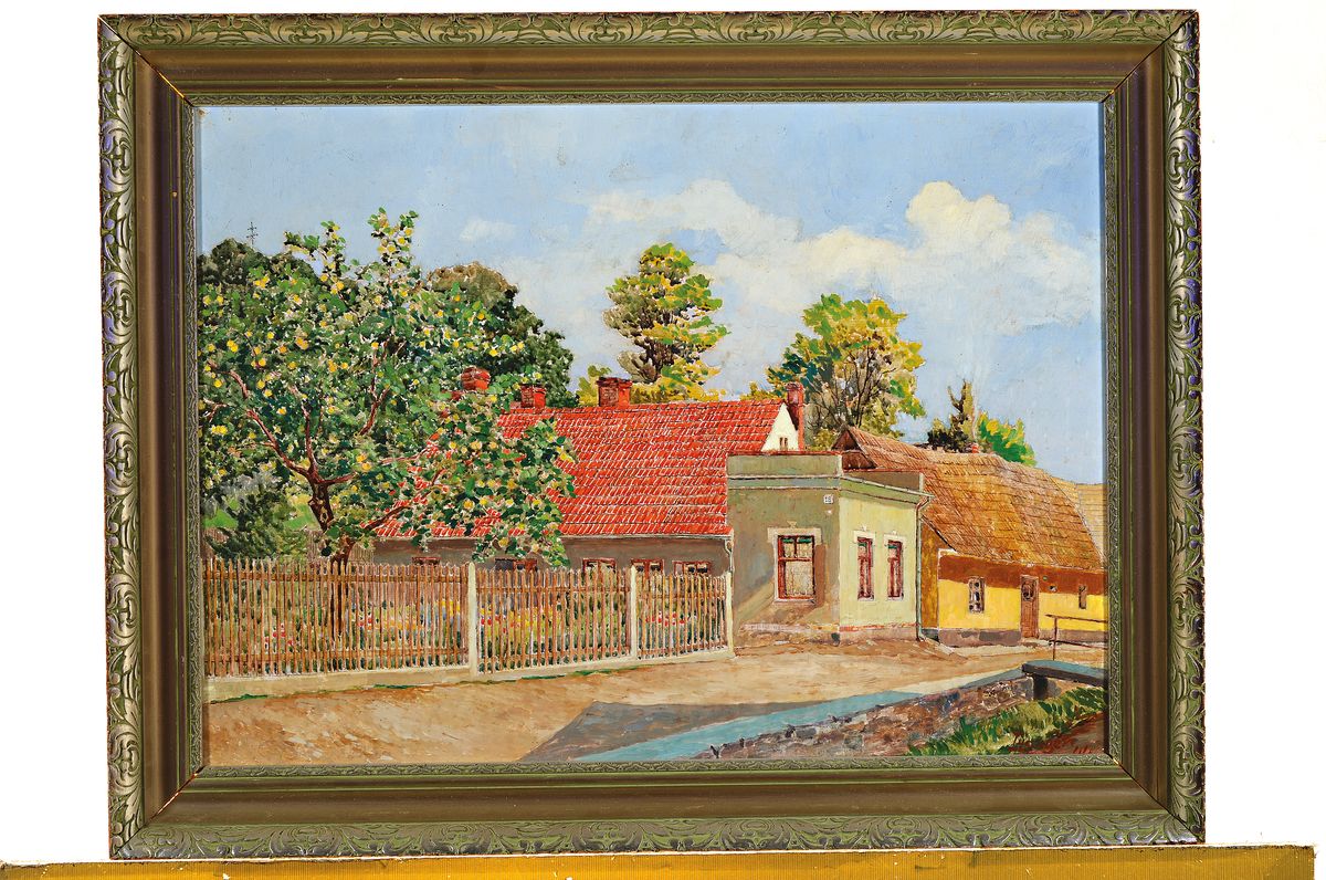 Detail k: J. Hangen, datiert (19)44, Blick auf eine Häuserzeile, Öl/Hartfaser, rechts unten signiert und dat., ca. 40x56cm, R. ca. 50x65cm