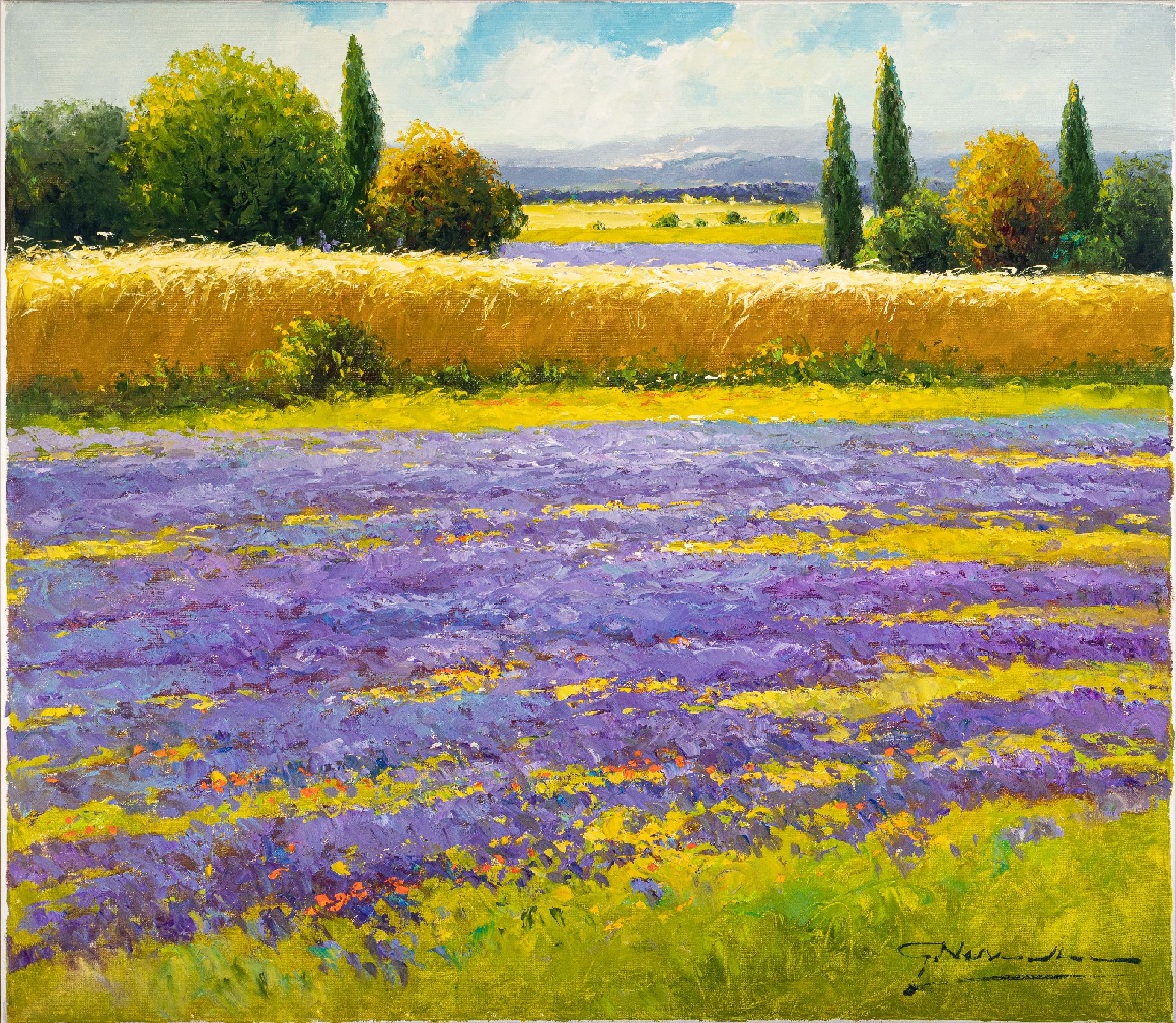 Gerhard Nesvadba,geb. 1941 Hessen, zwei sommerliche Landschaften, blühende Lavendelfelder in der Provence, signiert, Öl/Lwd, 70x80 cm