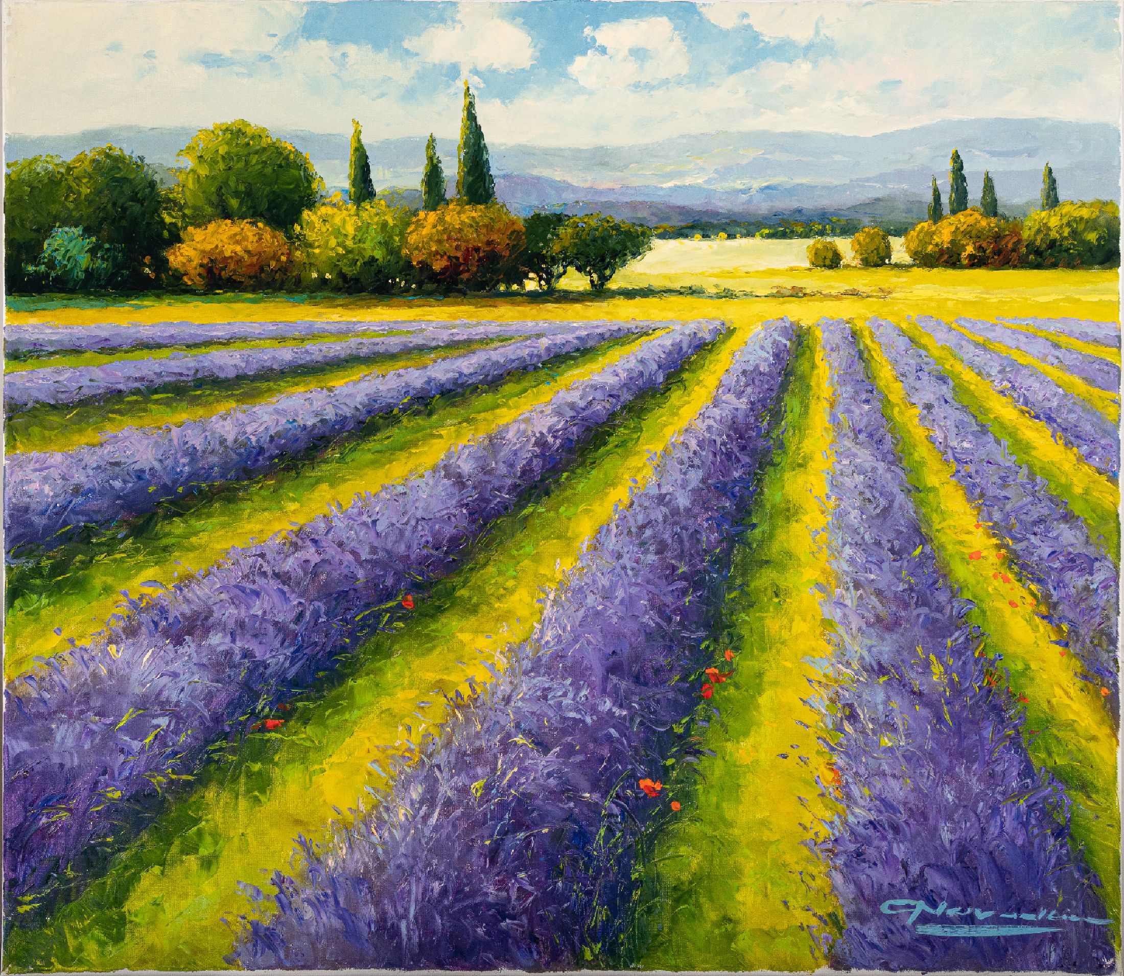 Detail c: Gerhard Nesvadba,geb. 1941 Hessen, zwei sommerliche Landschaften, blühende Lavendelfelder in der Provence, signiert, Öl/Lwd, 70x80 cm