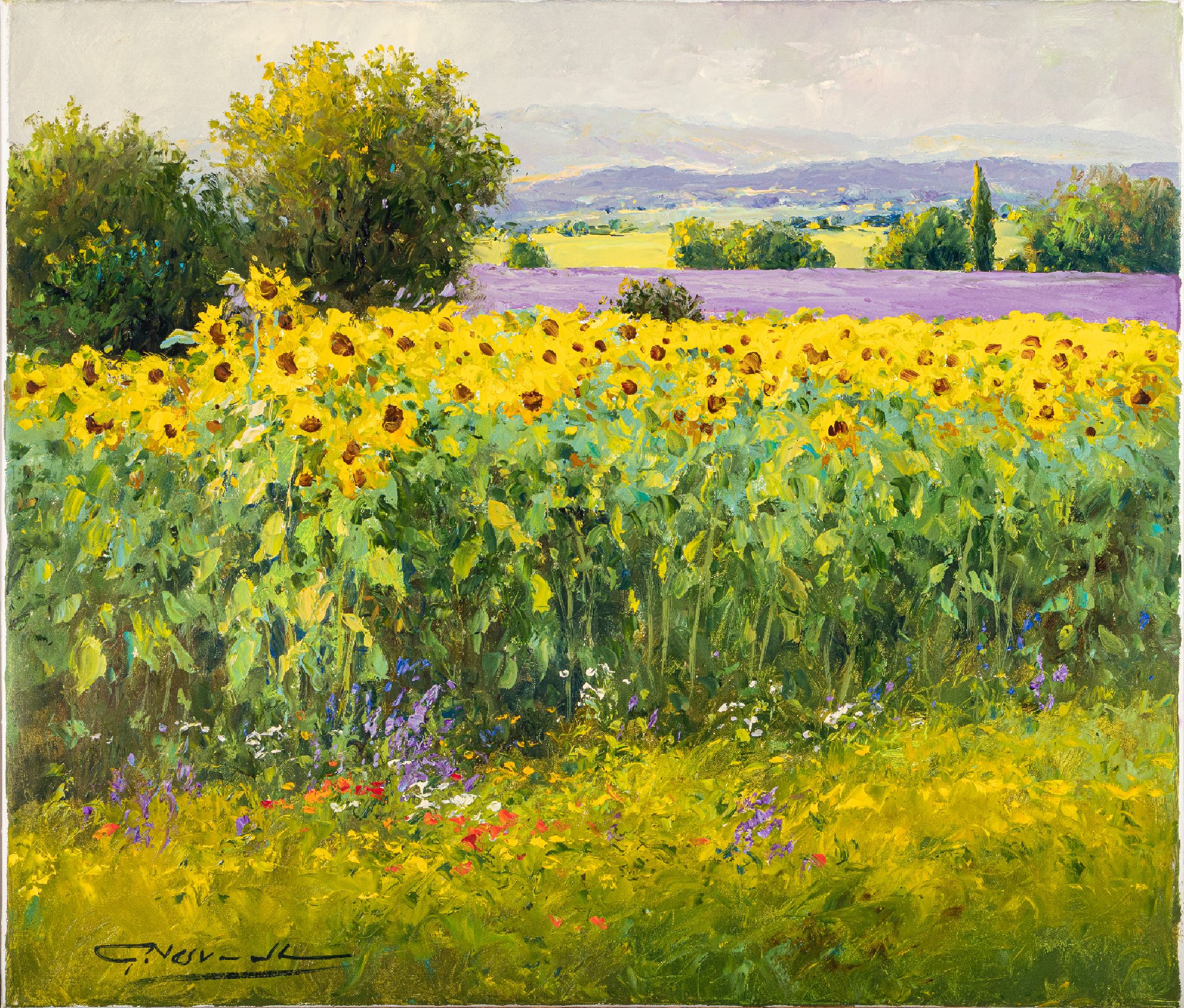 Gerhard Nesvadba, geb. 1941 Hessen, zwei Landschaften, herbstliche Weingegend, 70x80cm und Sonnenblumen in der Provence, 60x80 cm, jesigniert, ÖL/Lwd