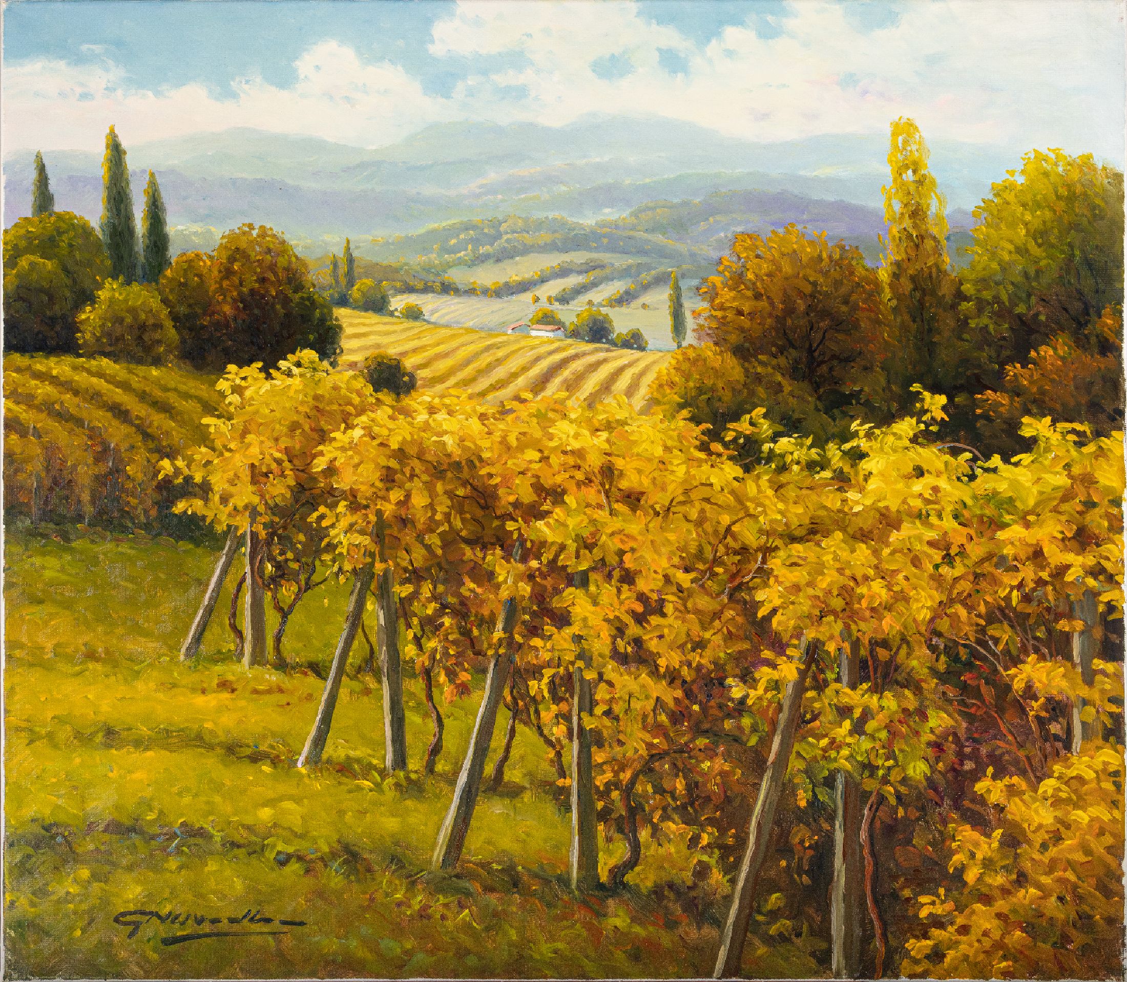Detail c: Gerhard Nesvadba, geb. 1941 Hessen, zwei Landschaften, herbstliche Weingegend, 70x80cm und Sonnenblumen in der Provence, 60x80 cm, jesigniert, ÖL/Lwd