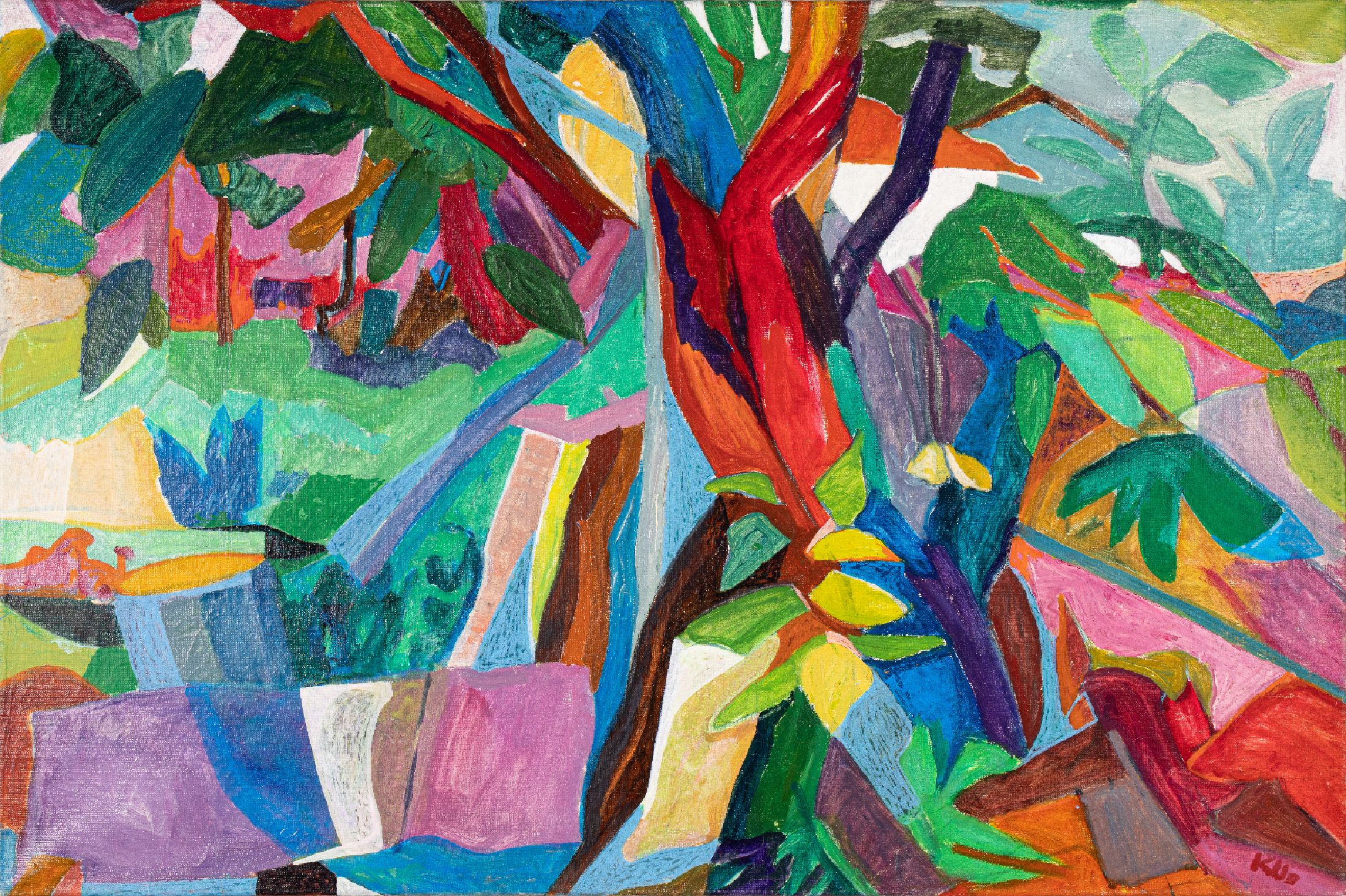 Kostadinka Tsvetkova, 1929 Sofia - 2006 , Öl/Lwd, signiert, 60x90 cm, fauvistische Komposition einer Landschaft mit Baum; Studiuman der ...
