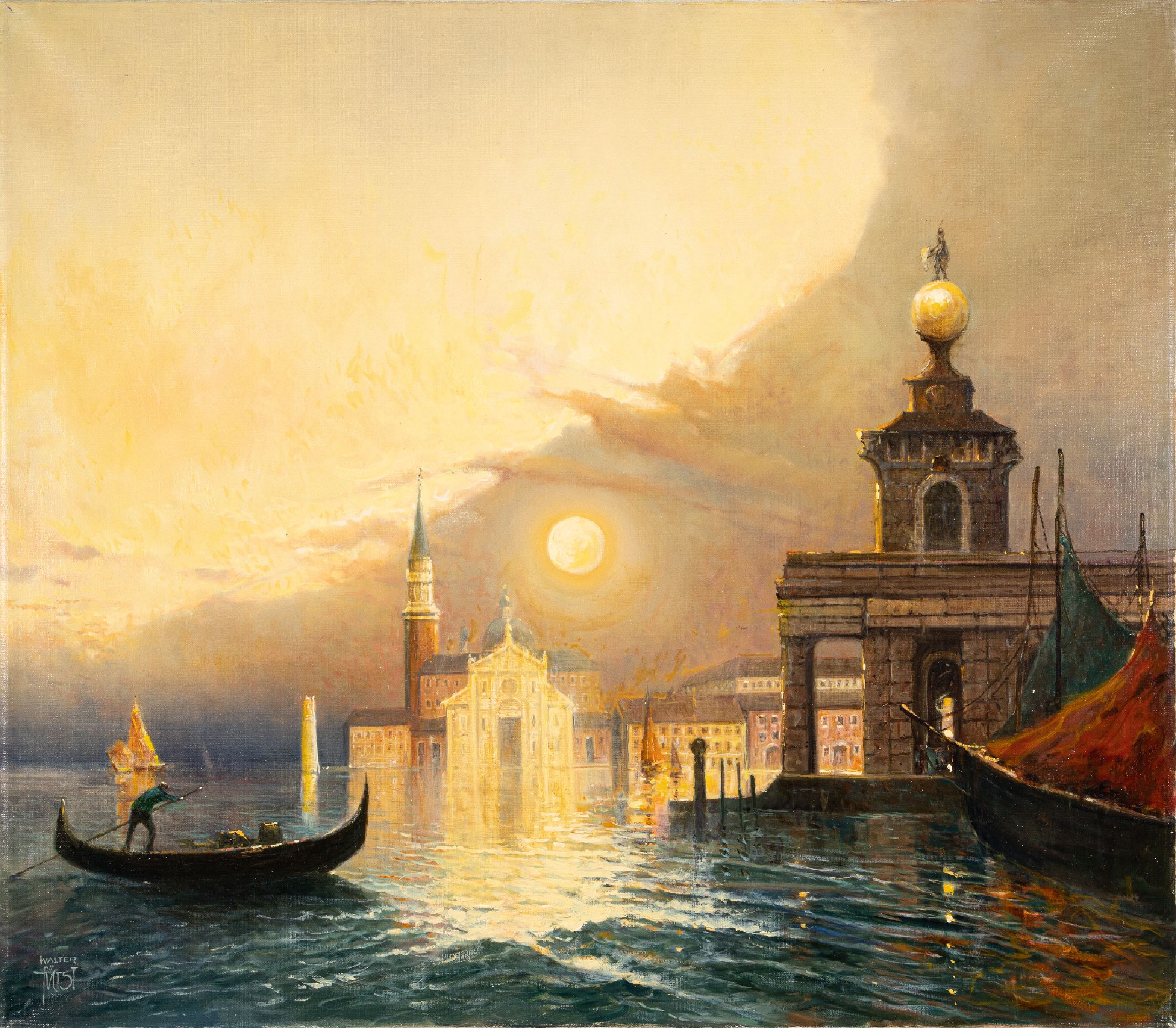 Walter Fürst, geb. 1930, zwei Ansichten aus Venedig, Blick entlang eines Kanals und Sonnenuntergang über San Giorgio Maggiore, je Öl/Lwd, ...