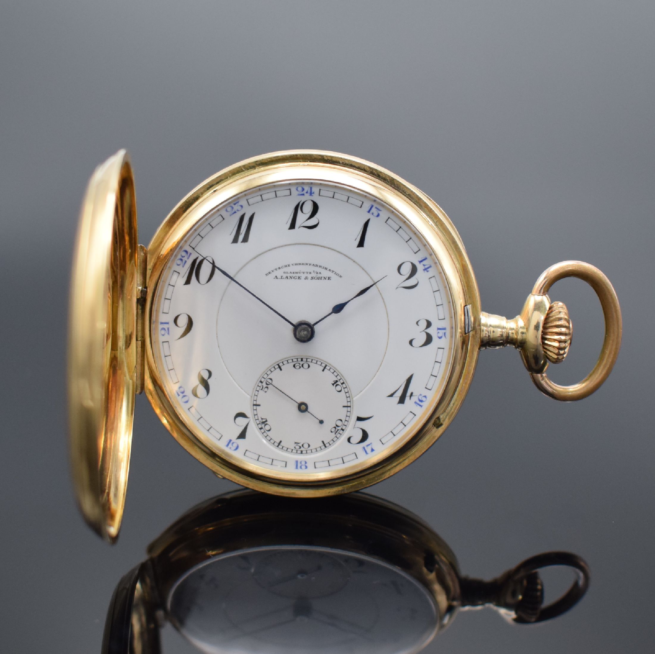 DEUTSCHE UHRENFABRIKATION GLASHÜTTE SA A. LANGE & SÖHNE Savonette in GG 585/000, Deutschland um 1887, guill. 3 Deckel Goldgeh., Sprungdeckel m. ...