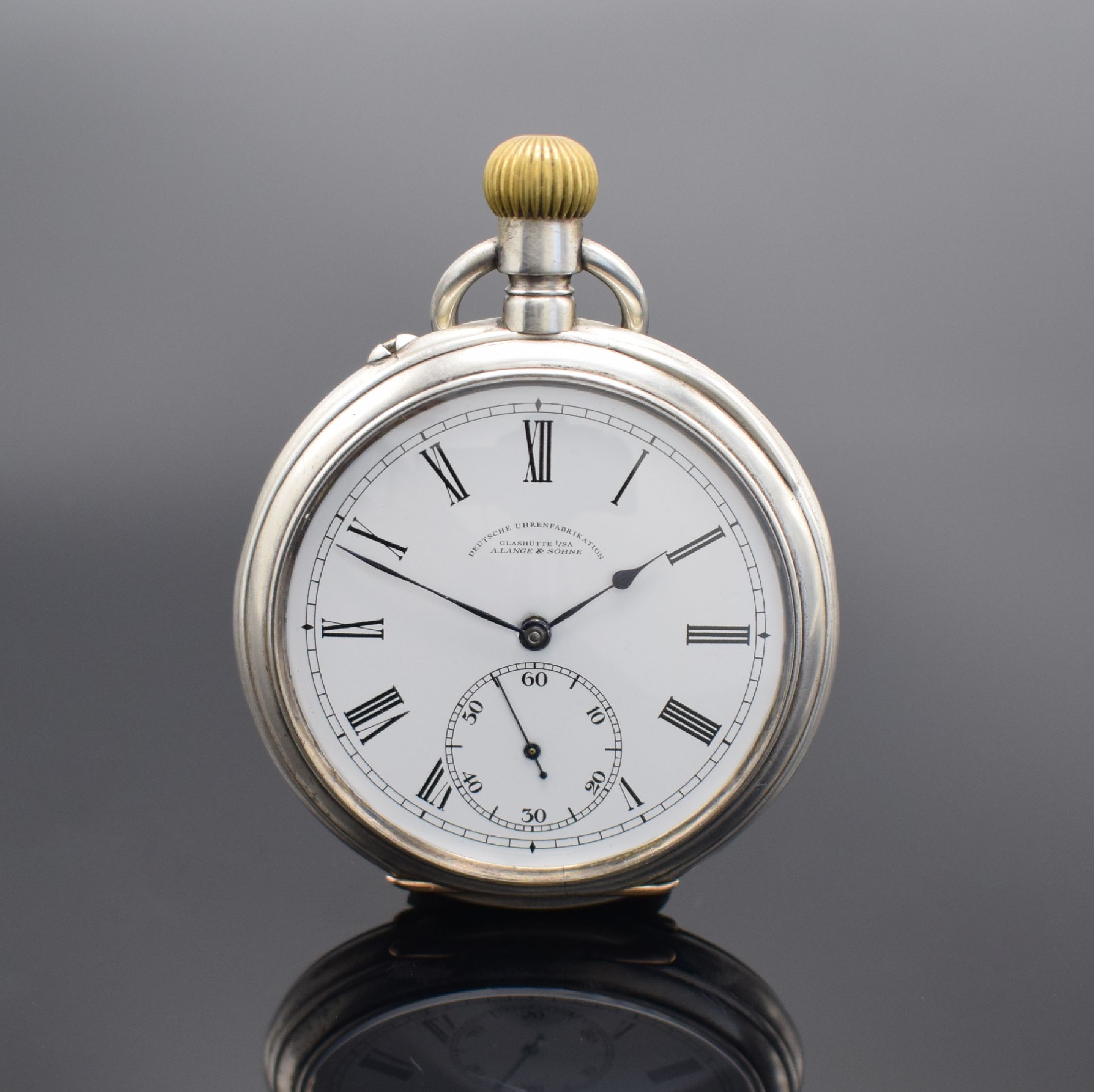 DEUTSCHE UHRENFABRIKATION GLASHÜTTE SA offene Taschenuhr in 900er Silber, Deutschland um 1918, glattes Geh. dell., weißes Zifferbl. (nicht ...