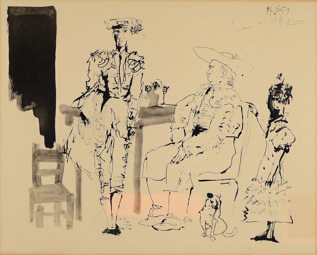 Pablo Picasso (nach), 1881 Malaga - 1973 Mougins, "Deux Picadors et Femme", Pochoir -Lithographie, realisiert 1967 durch Daniel Jacomet, ...