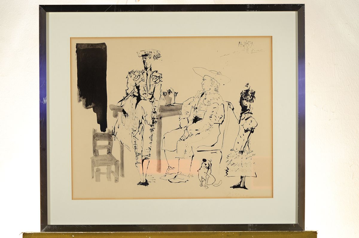 Detail k: Pablo Picasso (nach), 1881 Malaga - 1973 Mougins, "Deux Picadors et Femme", Pochoir -Lithographie, realisiert 1967 durch Daniel Jacomet, ...