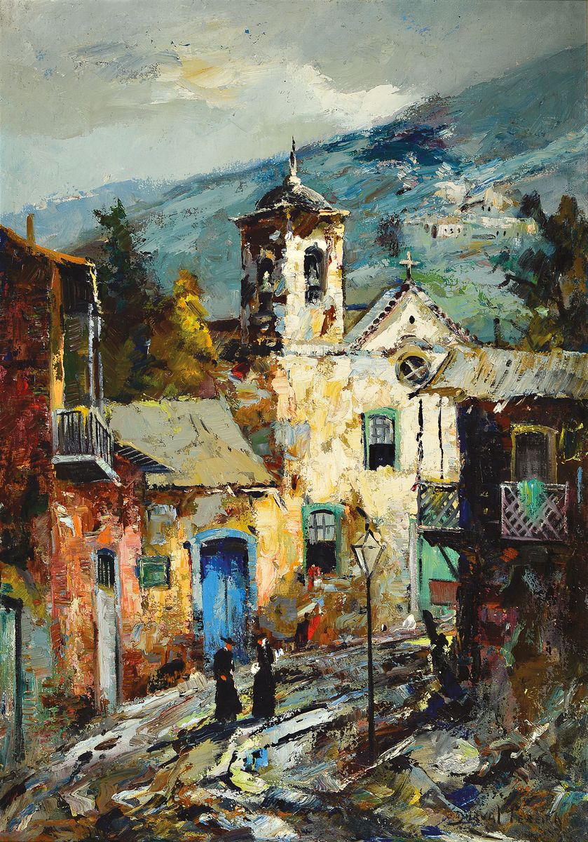 Durval Perreira, 1917 - 1984, brasilianischer Künstler Landschaftsdarstellung mit zwei Geistliche im Vordergrund, li. u. signiert, 197?, 70 x 100 ...