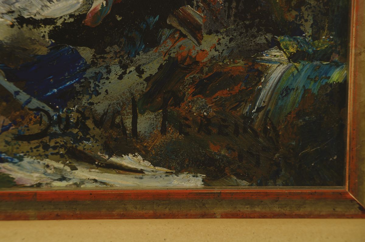 Detail a: Durval Perreira, 1917 - 1984, brasilianischer Künstler Landschaftsdarstellung mit zwei Geistliche im Vordergrund, li. u. signiert, 197?, 70 x 100 ...
