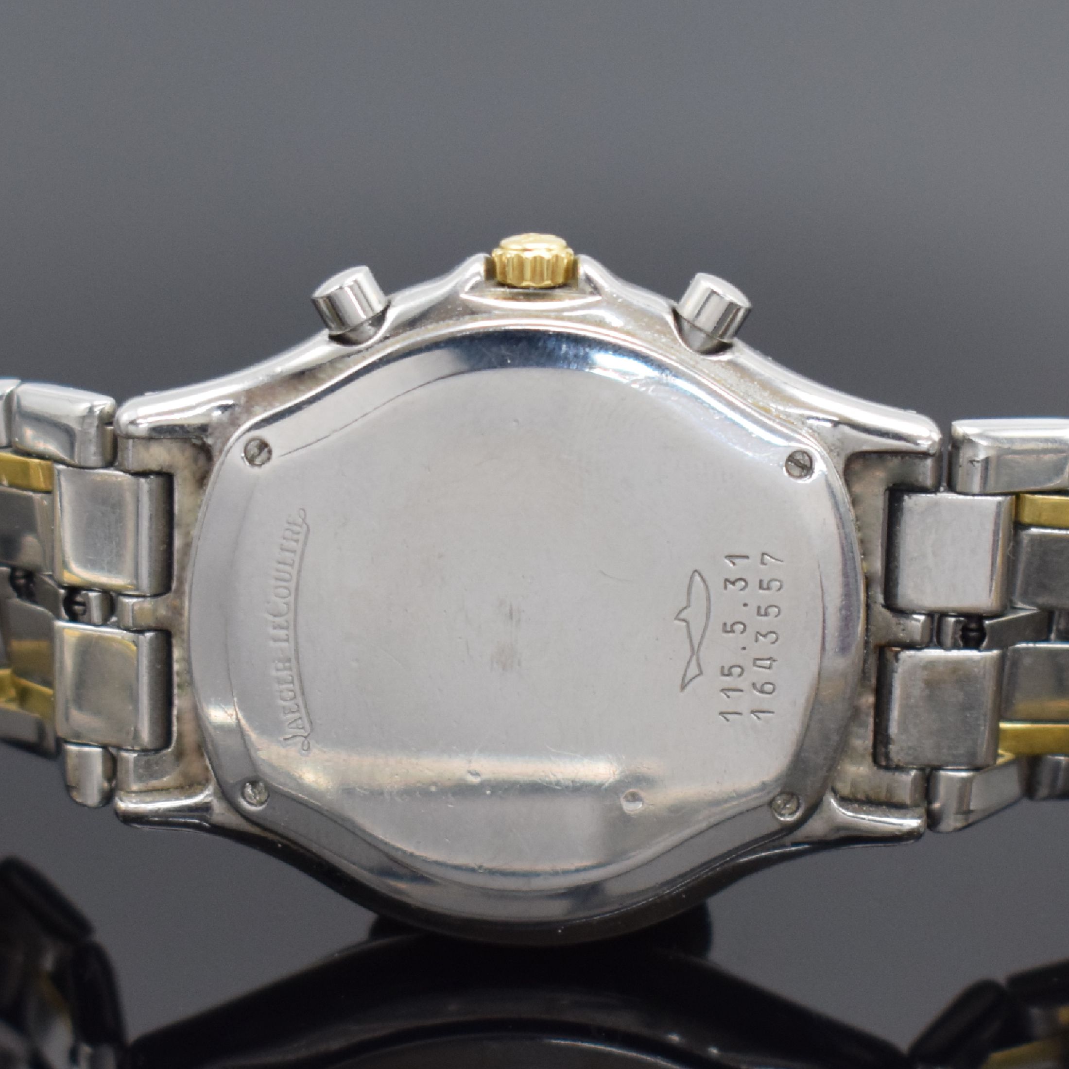 Detail d: Jaeger-LeCoultre Armbandchronograph Heraion Referenz 115.5.31, Schweiz um 1989, quarz, Edelstahl/Gold kombiniert inkl. Gliederband m. dopp. ...