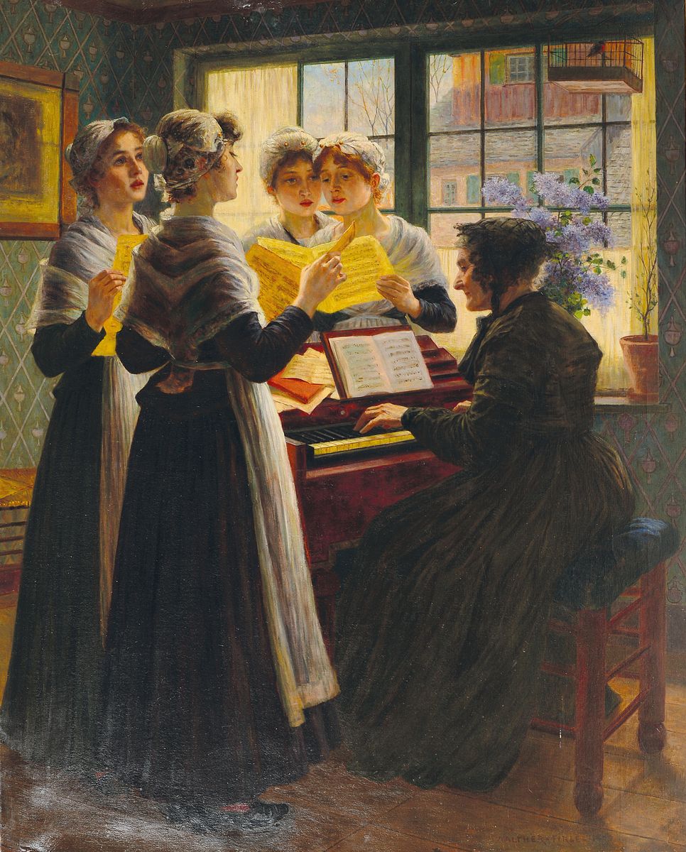 Walther Firle, 1859 Breslau - 1929 München, Studium an der Akademie München, ab 1890 Königlicher Professor, hier: Musikstunde, vier junge Damen ...