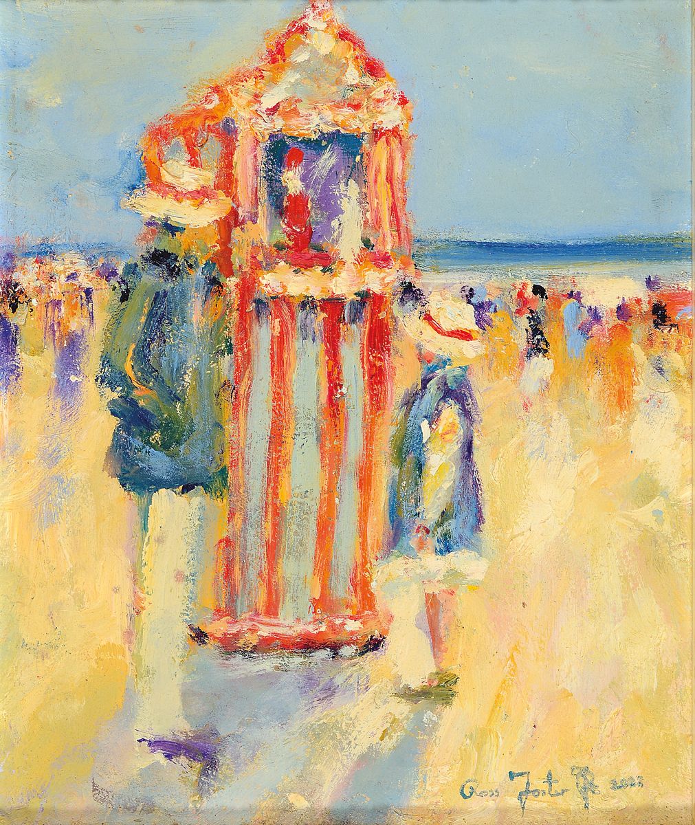 Ross Foster, zeitgenössischer Künstler, 2 Arbeiten: Strandszenen, Öl/Platte, je signiert und datiert 2002, Rahmen, 24x28 cm