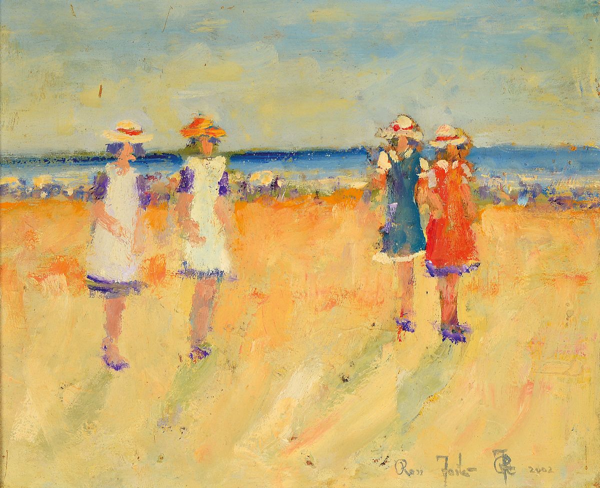 Detail a: Ross Foster, zeitgenössischer Künstler, 2 Arbeiten: Strandszenen, Öl/Platte, je signiert und datiert 2002, Rahmen, 24x28 cm