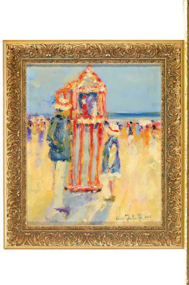 Detail k: Ross Foster, zeitgenössischer Künstler, 2 Arbeiten: Strandszenen, Öl/Platte, je signiert und datiert 2002, Rahmen, 24x28 cm