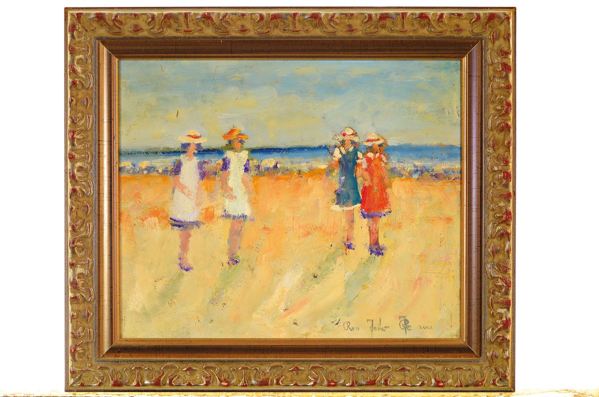 Detail l: Ross Foster, zeitgenössischer Künstler, 2 Arbeiten: Strandszenen, Öl/Platte, je signiert und datiert 2002, Rahmen, 24x28 cm