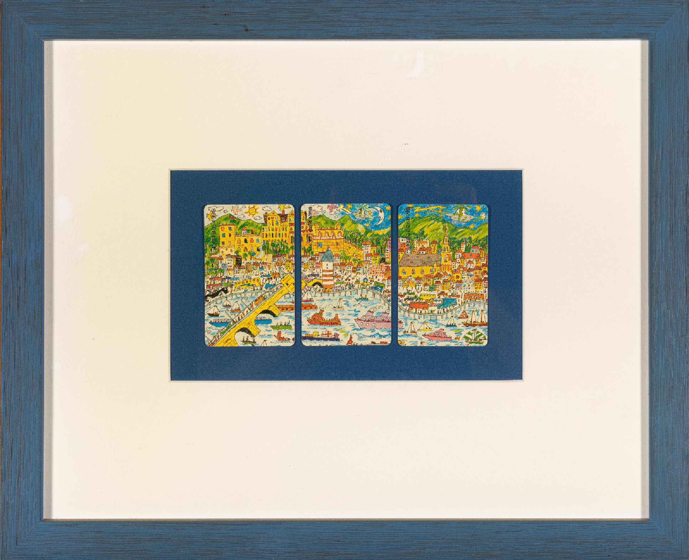 James Rizzi, 1950-2011, Set aus drei Telefonkarten, Städteserie (1992): Ansichten Heidelbergs in Form eines Triptychons, unter Glas gerahmt, 33x41 ...