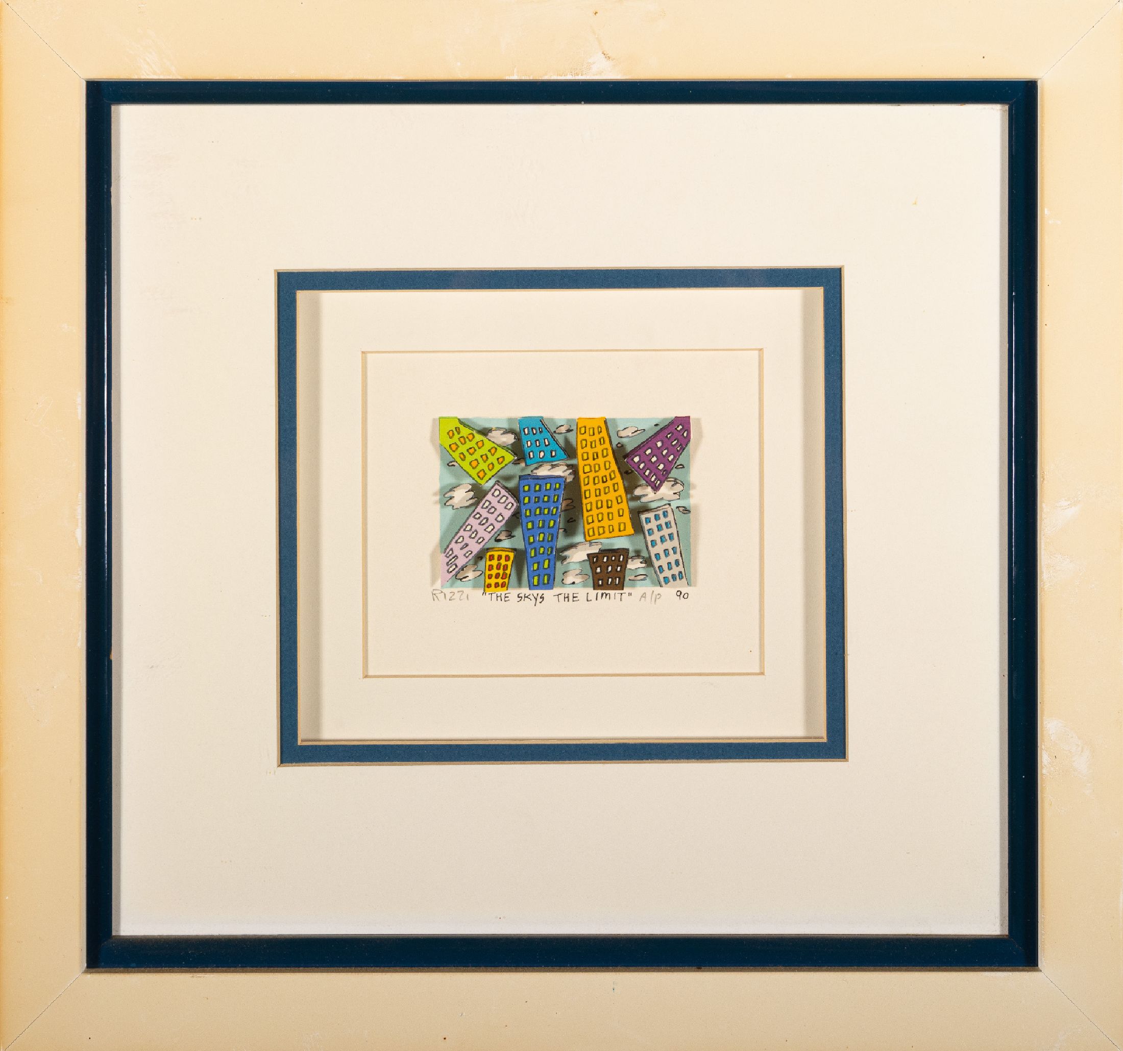 James Rizzi, 1950-2011, 3D-Farbserigraphie, "Sky is the Limit" (1990), A/P (Probedruck), handsigniert, Bild 5,5x7,5 cm, unter Glas gerahmt, ...