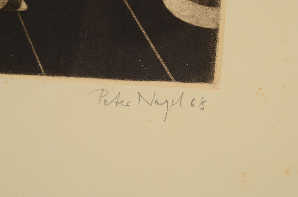 Detail a: Peter Nagel, geb. 1941 Kiel, Ohne Titel, Mezzotinto von 1968, signiert und dat., bez.: Probedruck (rosa), leicht fleckig, gebräunt, ca. 30.5x24.5cm, ...
