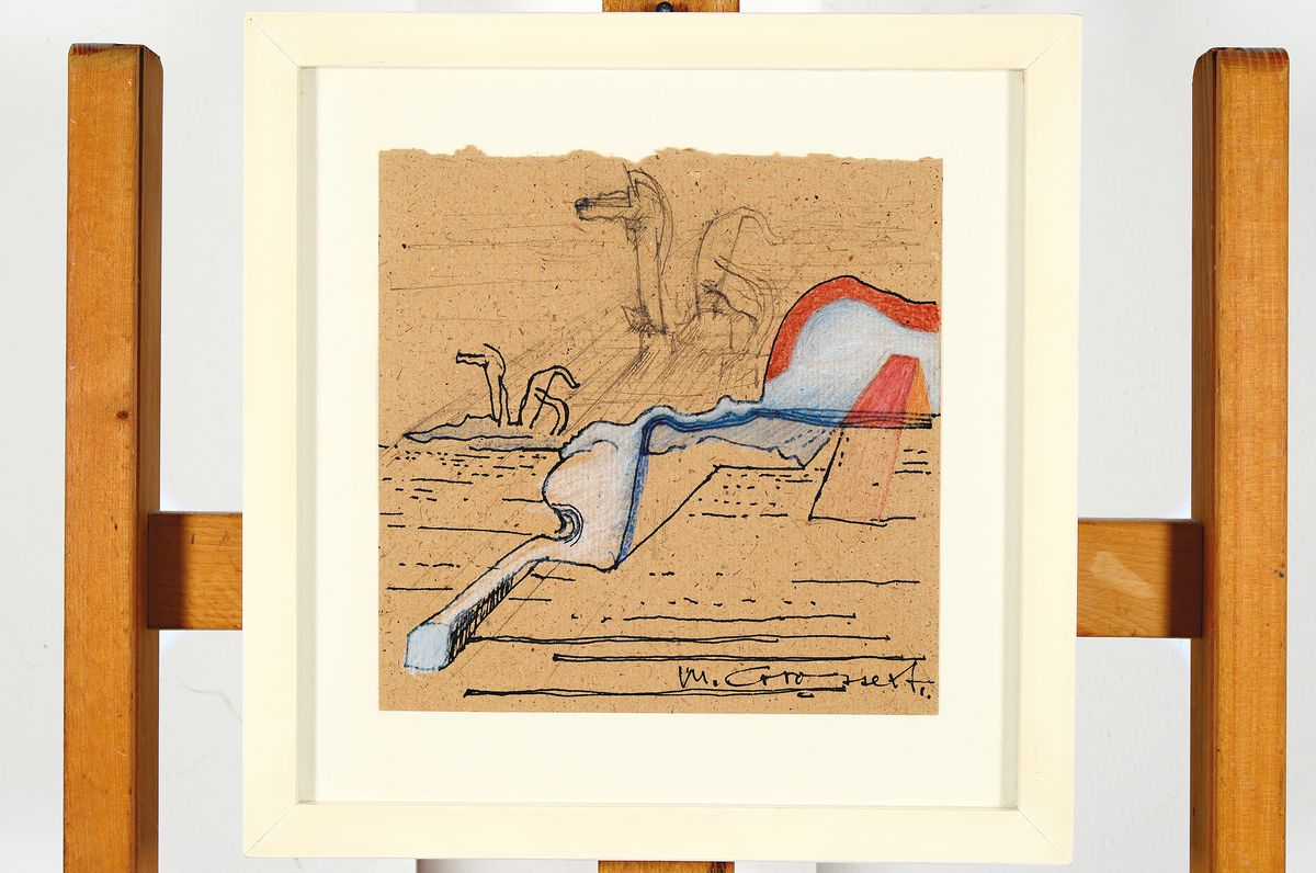 Detail k: Michael Croissant, 1928 Landau/Pfalz-2002 München, Zeichnung in Tusche, Bleistift und Buntstift auf braunem Papier, wohl Skizze zu einer Skulptur, ...