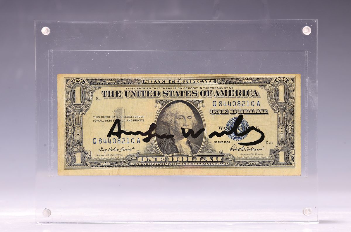 Detail k: Andy Warhol, 1928-1987, "One Washington Dollar", Seriennr. Q 84408210 A, Edition "Testsigned Dollars", Front signiert, Schein im ...