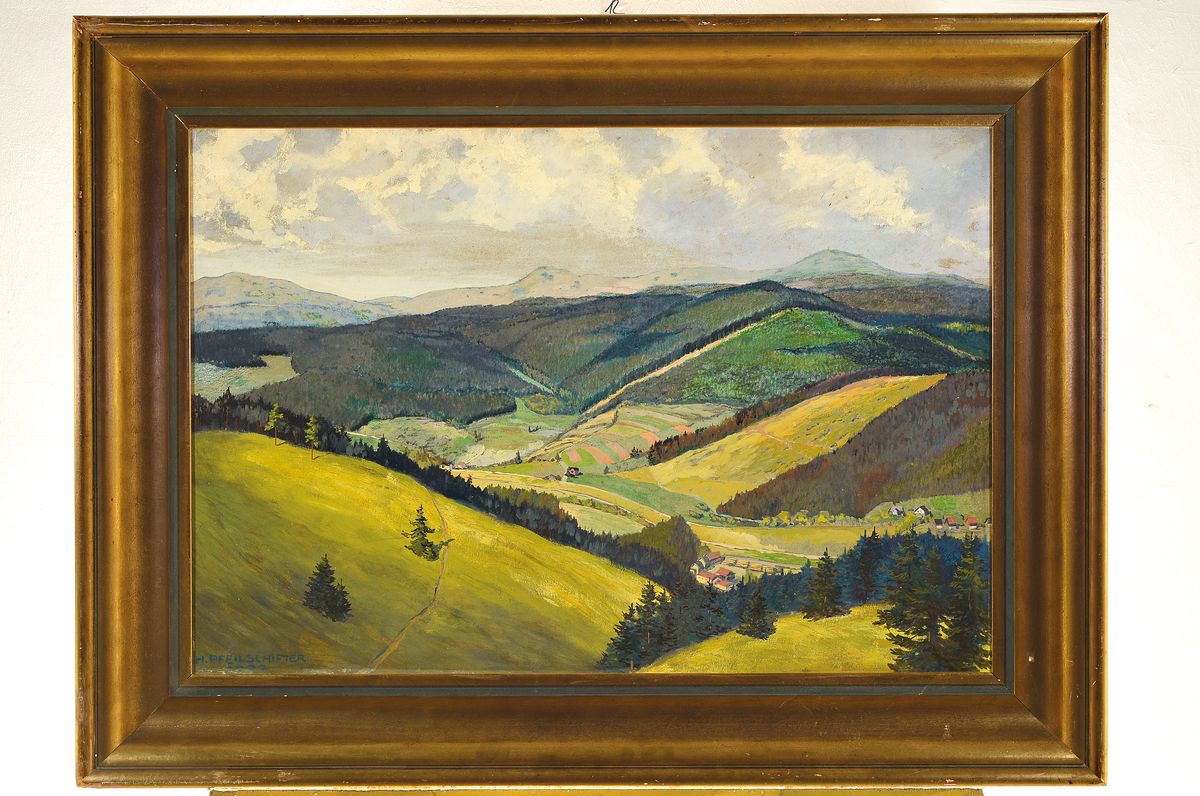 Detail k: Hermann Pfeilschifter, 1891-1940 München, Thüringer Wald bei Ilmenau, so rückseitig betitelt und weiter: Blick vom großen Hermannstein über das ...