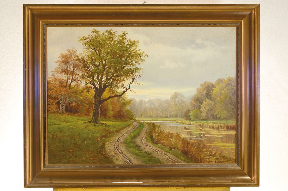 Detail k: Adolf Hoeffler, 1825-1898 Frankfurt am Main, Studium an den Akademien Düsseldorf und München, hier: In den Mainauen, Öl/Lwd, rechts unten ...