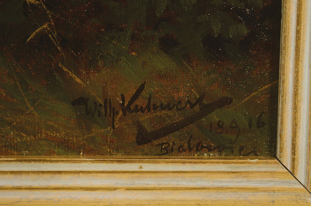 Detail a: Wilhelm Kuhnert, 1865 Opole/Polen-1926 Flims/Schweiz, Studium an der Akademie Berlin, bekannter deutscher Tiermaler, hier: im Wald, Öl/Lwd, rechts ...