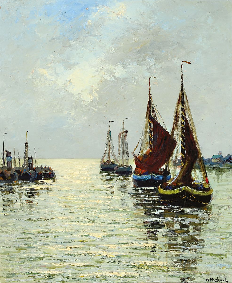 Carl Wilhelm Mosblech, 1868 Barmen-1934 Düsseldorf, ausfahrende Fischerboote, Öl/Hartfaser, rechts unten signiert, ca. 60x50cm, R. ca. 67x57cm
