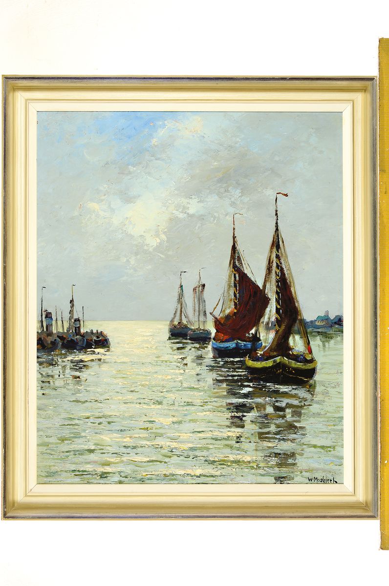 Detail k: Carl Wilhelm Mosblech, 1868 Barmen-1934 Düsseldorf, ausfahrende Fischerboote, Öl/Hartfaser, rechts unten signiert, ca. 60x50cm, R. ca. 67x57cm