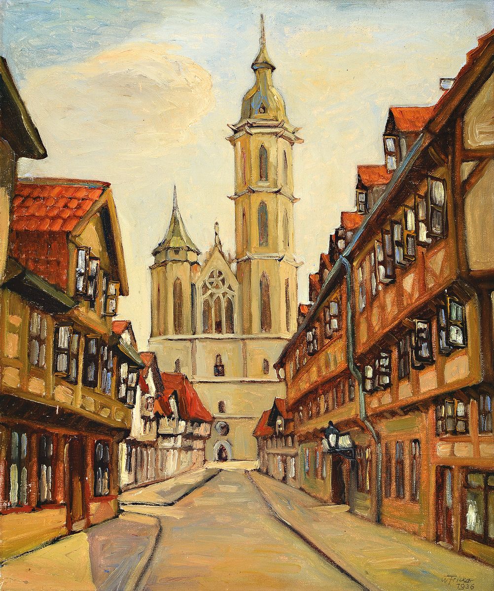 Walter Fricka, geb. 1893 in Braunschweig, Ansicht aus Braunschweig, Öl/Lwd, rechts unten signiert und dat. 1936, ca. 60x50cm, R. ca. 65x55cm