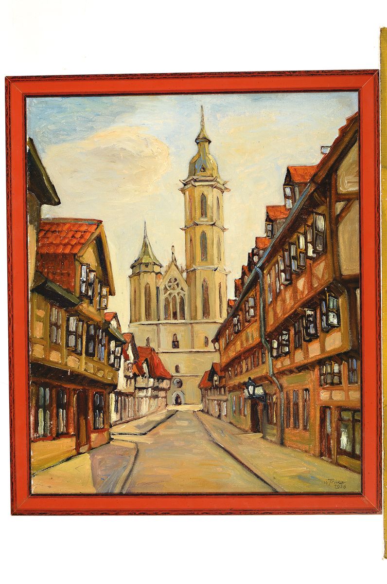 Detail k: Walter Fricka, geb. 1893 in Braunschweig, Ansicht aus Braunschweig, Öl/Lwd, rechts unten signiert und dat. 1936, ca. 60x50cm, R. ca. 65x55cm