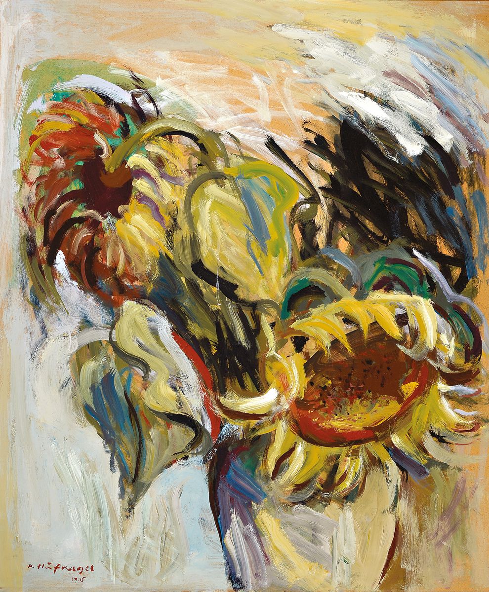 Karl Hufnagel, 1906 Harthausen - 1995 Speyer, Stillleben mit Sonnenblumen, Öl/Platte, signiert und datiert 1988, 90 x 70 cm, Rahmen