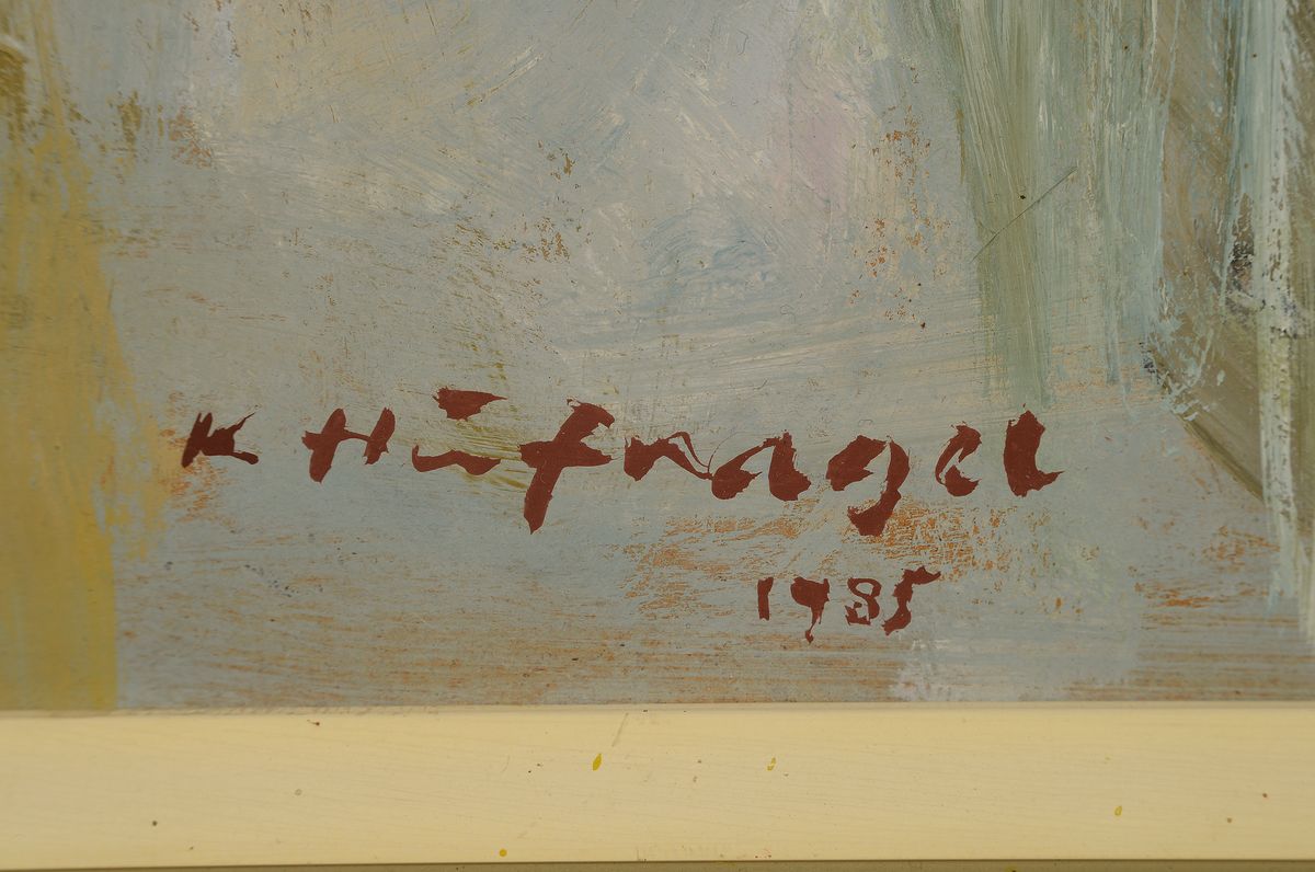 Detail a: Karl Hufnagel, 1906 Harthausen - 1995 Speyer, Stillleben mit Sonnenblumen, Öl/Platte, signiert und datiert 1988, 90 x 70 cm, Rahmen