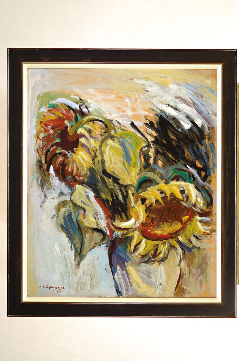 Detail k: Karl Hufnagel, 1906 Harthausen - 1995 Speyer, Stillleben mit Sonnenblumen, Öl/Platte, signiert und datiert 1988, 90 x 70 cm, Rahmen
