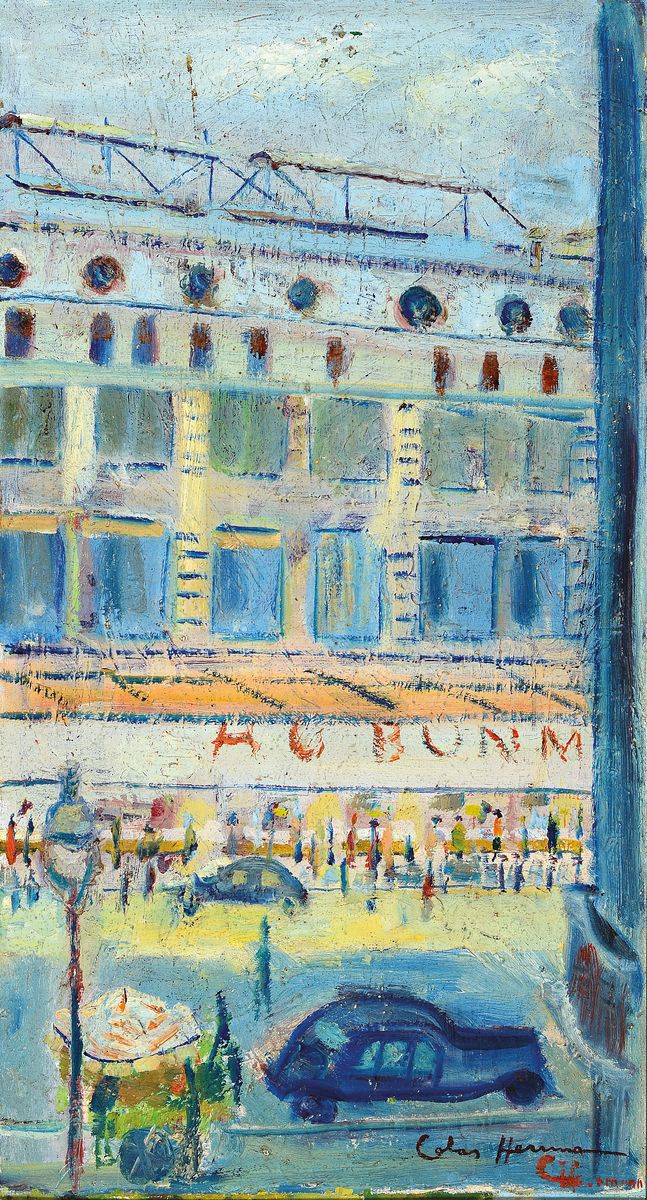 Colas Herrmann, 1921-1968 Paris, Ansicht aus Paris, Strassenszene, Öl/Platte, rechts unten signiert, rückseitig Etiketten u.a. Salon Societe ...