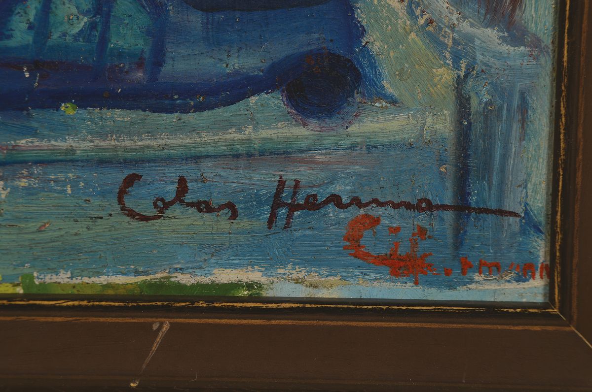 Detail a: Colas Herrmann, 1921-1968 Paris, Ansicht aus Paris, Strassenszene, Öl/Platte, rechts unten signiert, rückseitig Etiketten u.a. Salon Societe ...