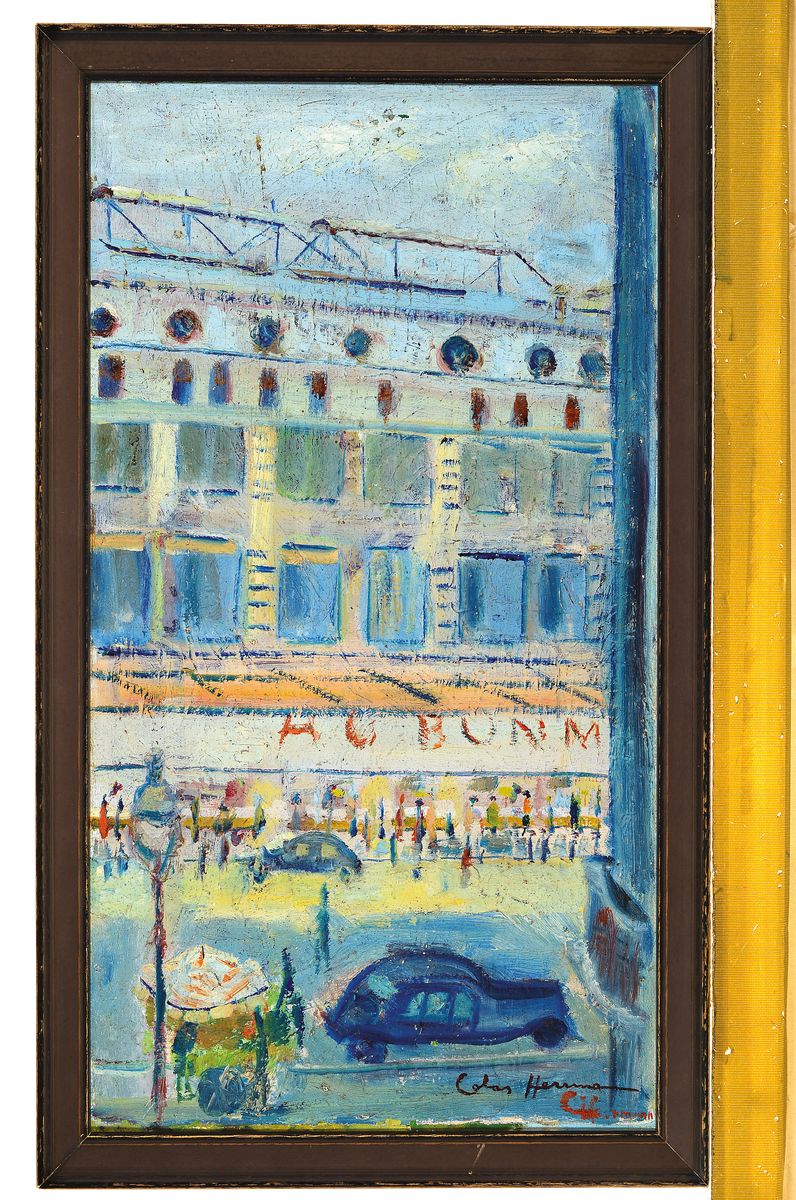 Detail k: Colas Herrmann, 1921-1968 Paris, Ansicht aus Paris, Strassenszene, Öl/Platte, rechts unten signiert, rückseitig Etiketten u.a. Salon Societe ...