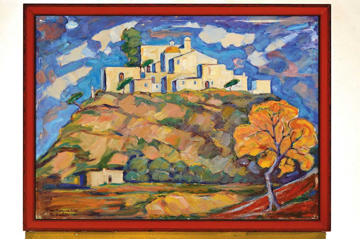 Detail k: Rudolf Karpenstein, 1892-1974 Idar-Oberstein, Ansicht von Santa Eulalia auf Ibiza, Öl/Hartfaserplatte, links unten signiert, ca. 54x75cm, R. ca. ...