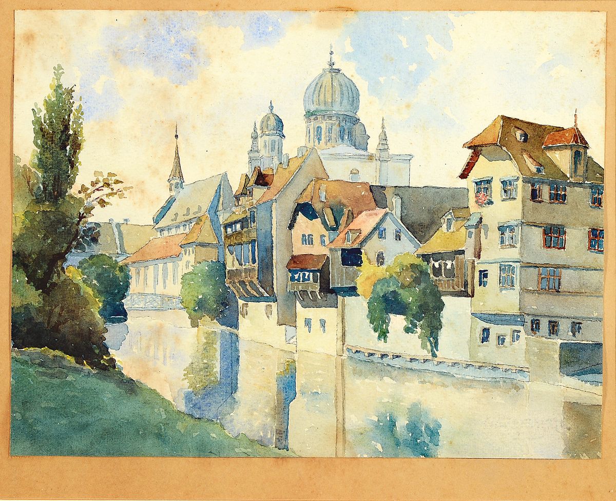 Unbekannter Künstler, deutsch, um 1900, Blick auf die alte Synagoge in Nürnberg, Aquarell auf Papier, fleckig, ca. 19x25cm, u.Gl., R. ca. 33x37cm
