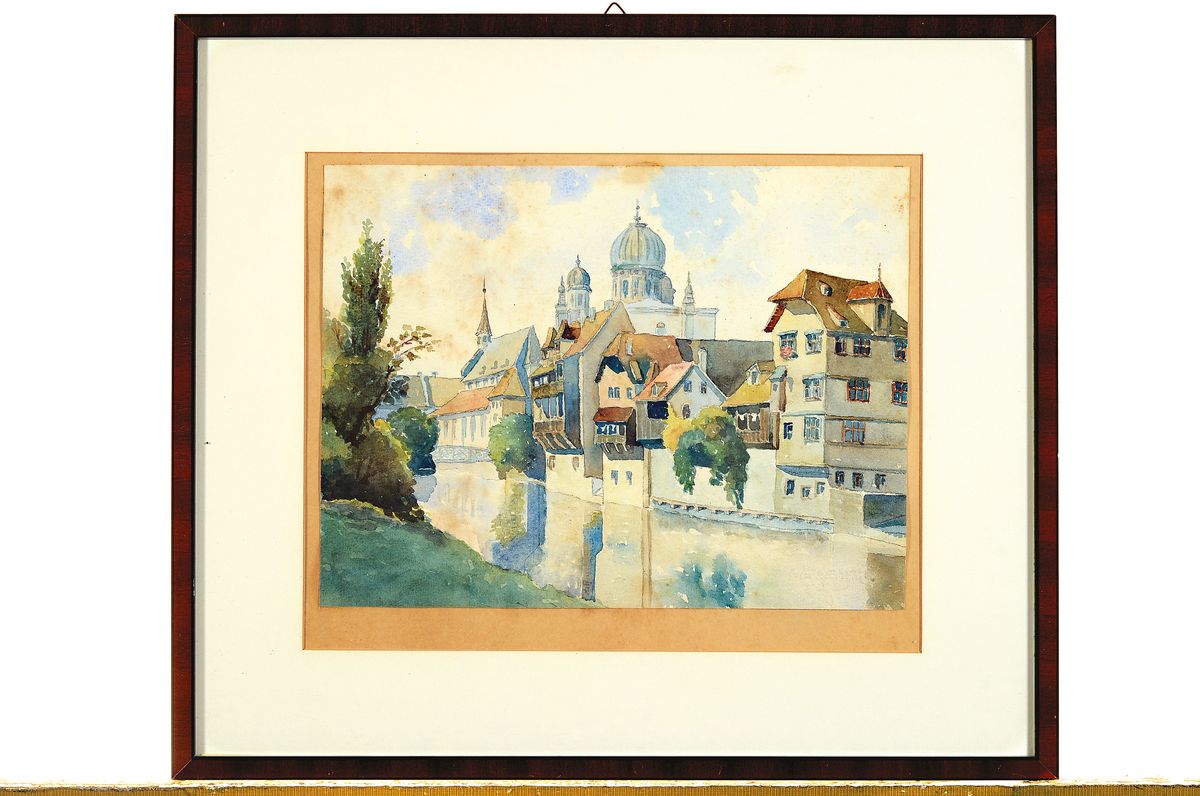 Detail k: Unbekannter Künstler, deutsch, um 1900, Blick auf die alte Synagoge in Nürnberg, Aquarell auf Papier, fleckig, ca. 19x25cm, u.Gl., R. ca. 33x37cm