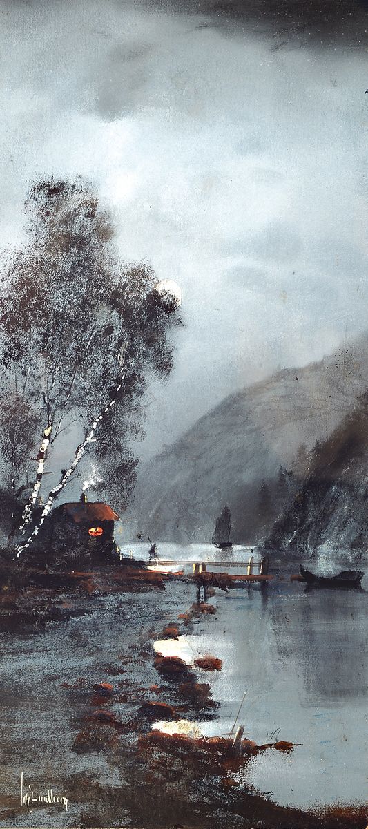 August Frederik Lundberg, 1878-1928, Nacht am Fjord, Grisaillemalerei mit rotbrauner Höhung, Gouache auf Papier, links unten signiert, ca. 27x12cm, ...