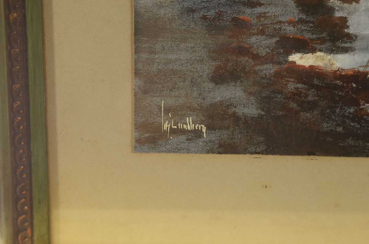 Detail a: August Frederik Lundberg, 1878-1928, Nacht am Fjord, Grisaillemalerei mit rotbrauner Höhung, Gouache auf Papier, links unten signiert, ca. 27x12cm, ...