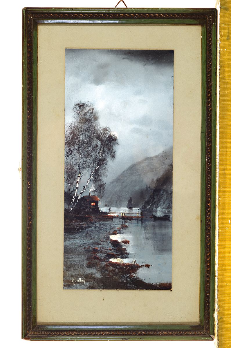 Detail k: August Frederik Lundberg, 1878-1928, Nacht am Fjord, Grisaillemalerei mit rotbrauner Höhung, Gouache auf Papier, links unten signiert, ca. 27x12cm, ...