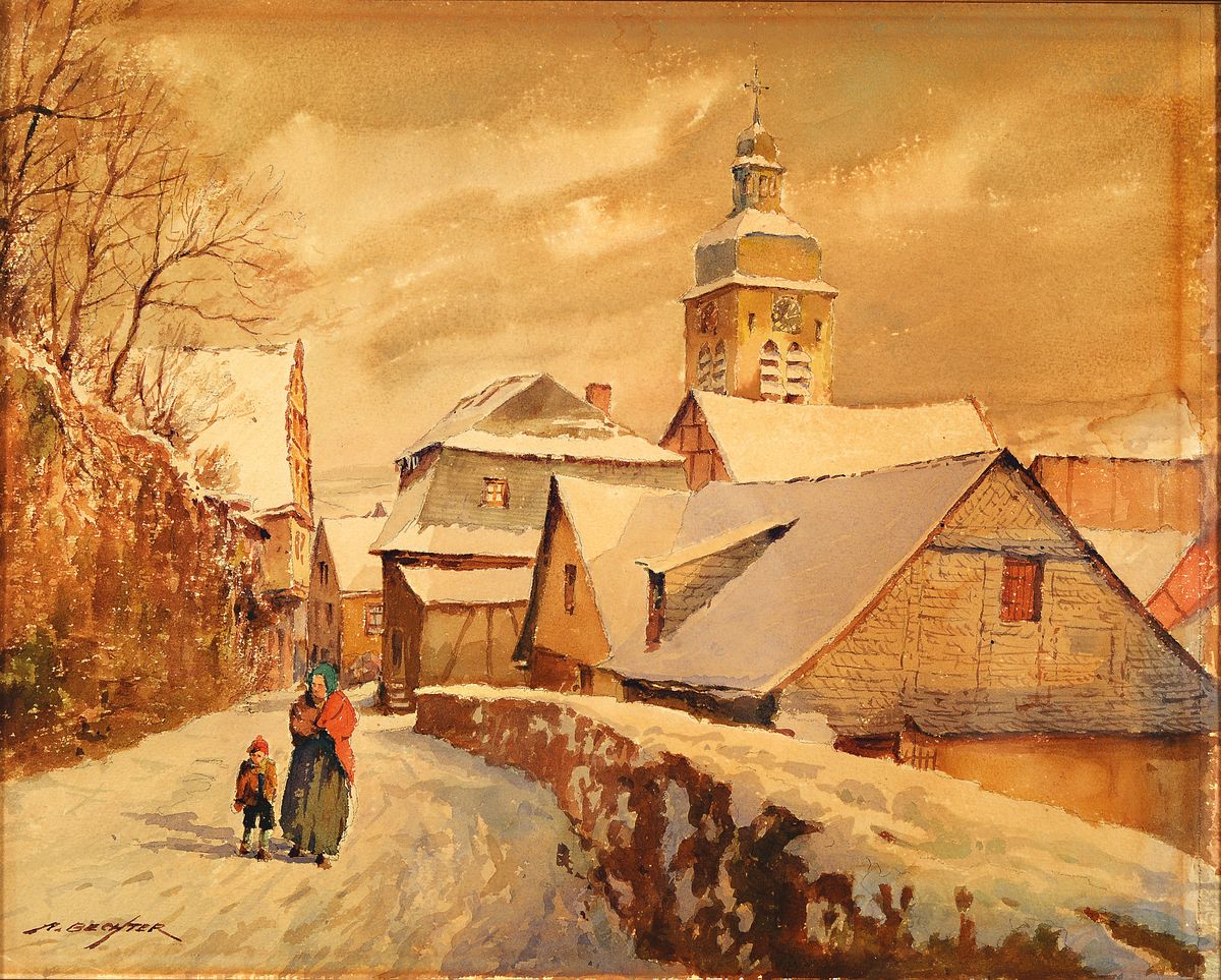 August Bechter, 1889-1965 Bad Kreuznach, Verschneite Dorfansicht mit Mutter und Kind, Aquarell auf Papier, links unten signiert, ca. 27x34cm, ...