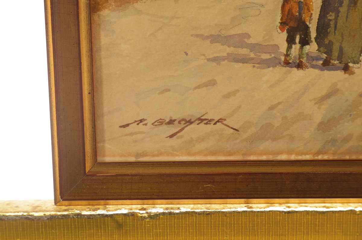 Detail a: August Bechter, 1889-1965 Bad Kreuznach, Verschneite Dorfansicht mit Mutter und Kind, Aquarell auf Papier, links unten signiert, ca. 27x34cm, ...